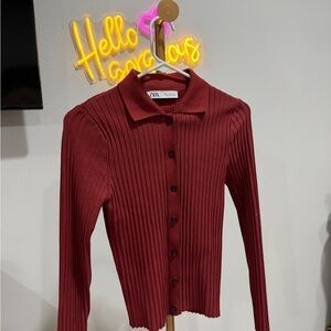 Zara Deep Red Ribbed Button-Up Cardigan